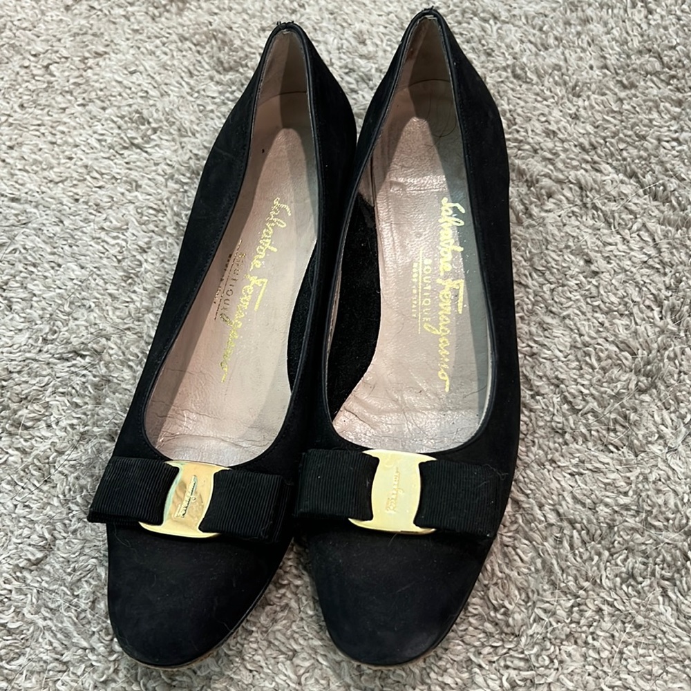 Black Ferragamo kitten heels